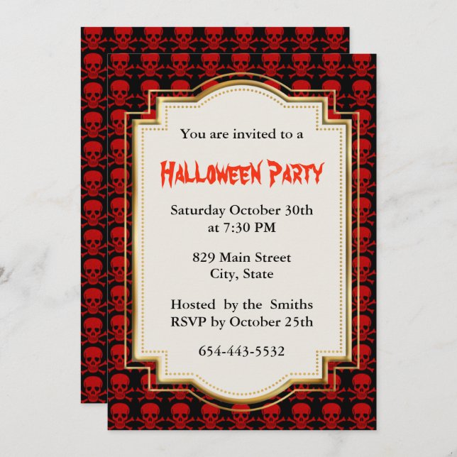 Red Skull And Crossbones Halloween Party Invitation (Front/Back)