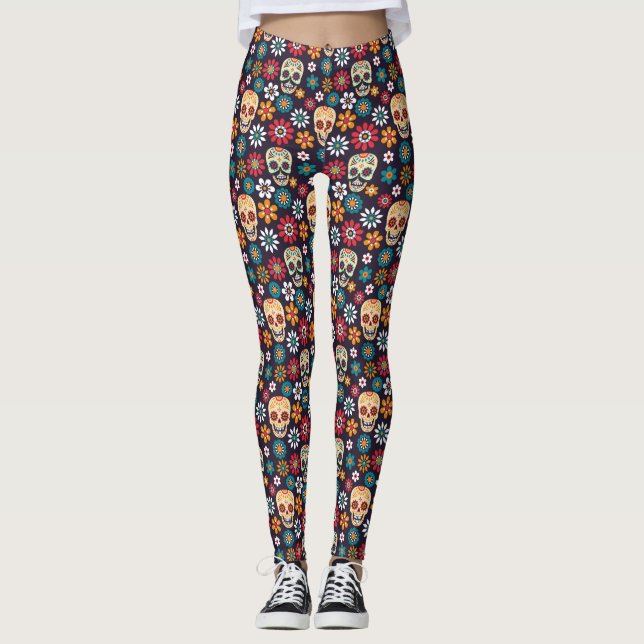 Red skull floral pattern leggings (Front)