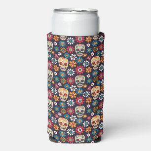 Red skull floral pattern seltzer can cooler