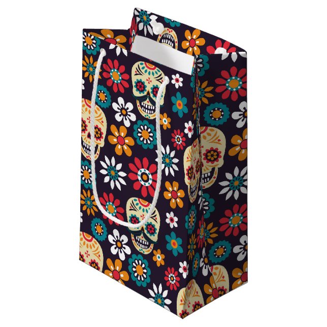Red skull floral pattern small gift bag (Front Angled)