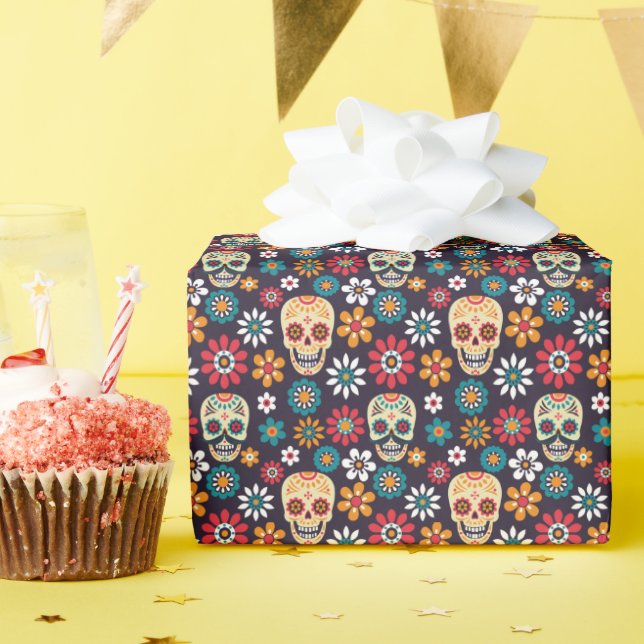 Red skull floral pattern wrapping paper (Birthday Party)