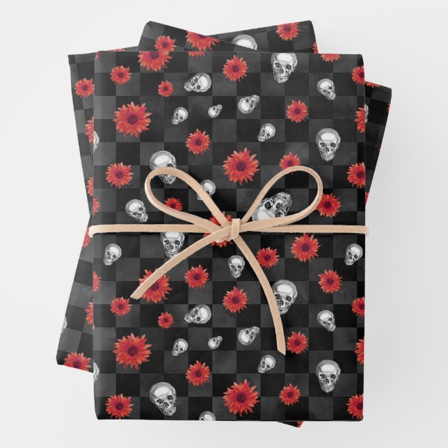 Red Skulls and Sunflower Series Design 7 Wrapping Paper Sheet (In situ)
