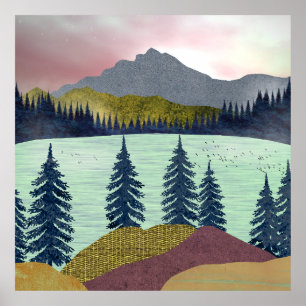 Red Sky Lake Landscape Poster
