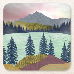 Red Sky Lake Landscape Square Paper Coaster