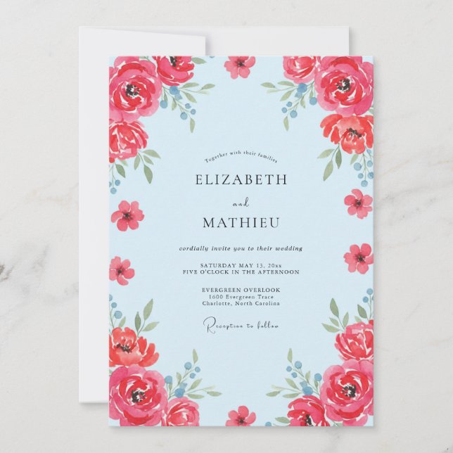 Red Sky Ranunculus Eucalyptus Wedding Invitation (Front)