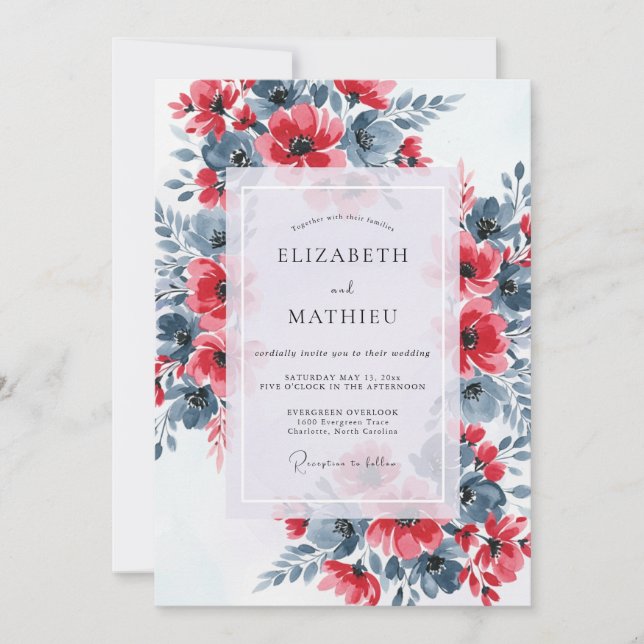 Red Slate Blue Dramatic Floral Wedding Invitation (Front)