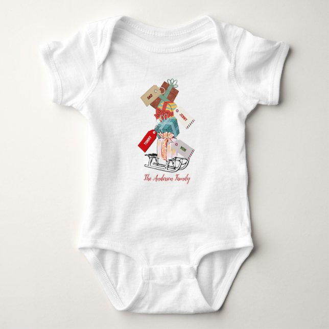 Red Sled Cute Whimsical Unique Modern Christmas Baby Bodysuit (Front)