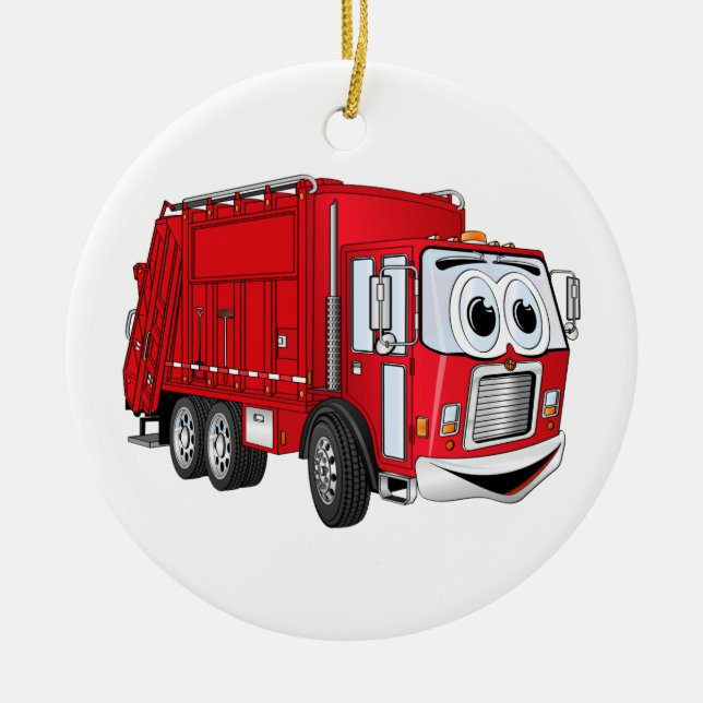 Red Smiling Garbage Truck Cartoon Ceramic Ornament (Front)