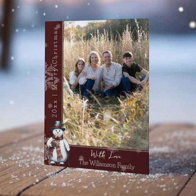 Red Smiling Snowman Photo Holiday Card (Red Smiling Snowman Holiday Photo Card)