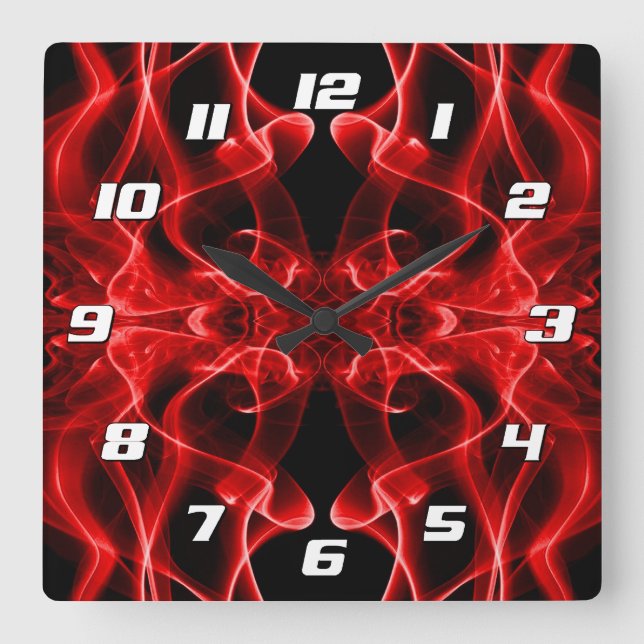 Red Smoke Symmetrical Minimalist Black Square Wall Clock (Front)