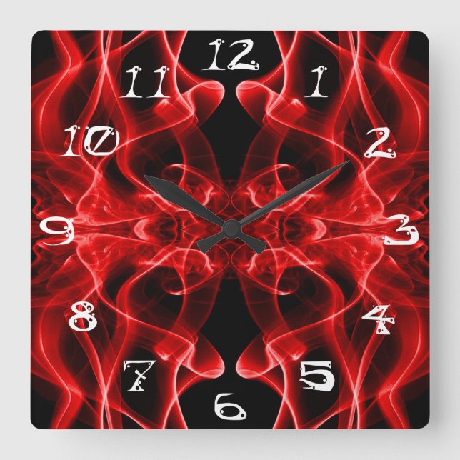 Red Smoke Symmetrical Minimalist Black Square Wall Clock (Front)