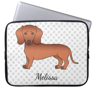 Red Smooth Coat Dachshund Cartoon Dog & Text Laptop Sleeve
