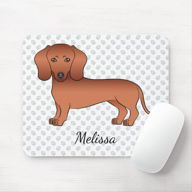 Red Smooth Coat Dachshund Cute Cartoon Dog & Name Mouse Pad (With Mouse)