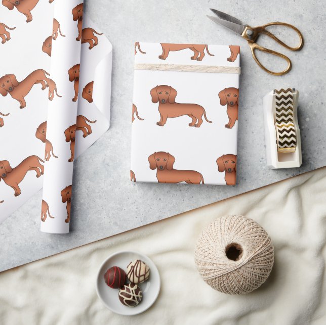 Red Smooth Coat Dachshund Cute Cartoon Dog Pattern Wrapping Paper (Crafts)