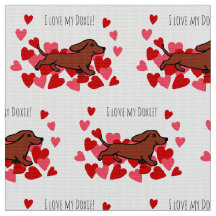 Red Smooth Dachshund Running Hearts Fabric
