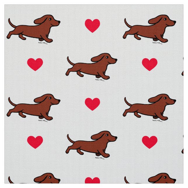 Red Smooth Dachshund Running Hearts Fabric (Swatch)
