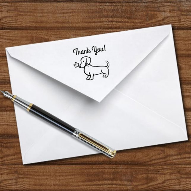 Red Smooth Dachshund Tiny flower Thank You Self-inking Stamp (Dachshund Thank You Self-inking Stamp featuring cute Doxei holding a tiny flower.  Cute dog cartoon.)