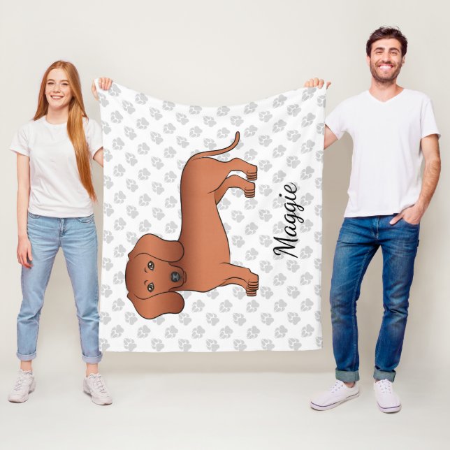 Red Smooth Hair Dachshund Cute Cartoon Dog & Name Fleece Blanket (In Situ)