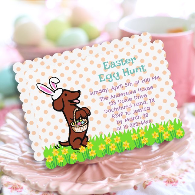 Red Smooth Haired Dachshund Easter Egg Hunt Invitation (Easter Egg Red Smooth Haired Dachshund Invitation for Easter Egg Hunt.  Cute Dog Cartoon Design.)