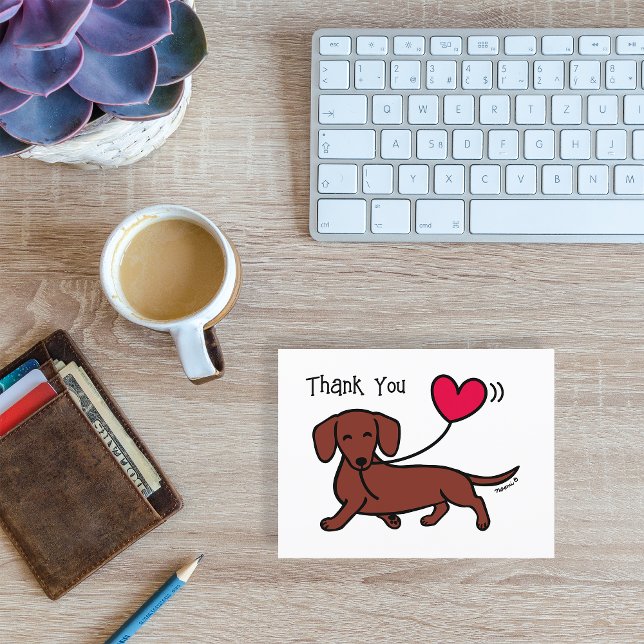 Red Smooth Haired Dachshund Smiling Thank You Postcard (Red Smooth Haired Dachshund Smiling Heart Balloon Thank You Postcard for Doxie fans.  Cute cartoon.)