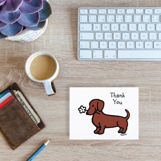 Red Smooth Haired Dachshund Tiny Flower Thank You Postcard (Red Smooth Haired Dachshund Tiny Flower Thank You Card for Doxie fans.  Cute sausage dog cartoon.)