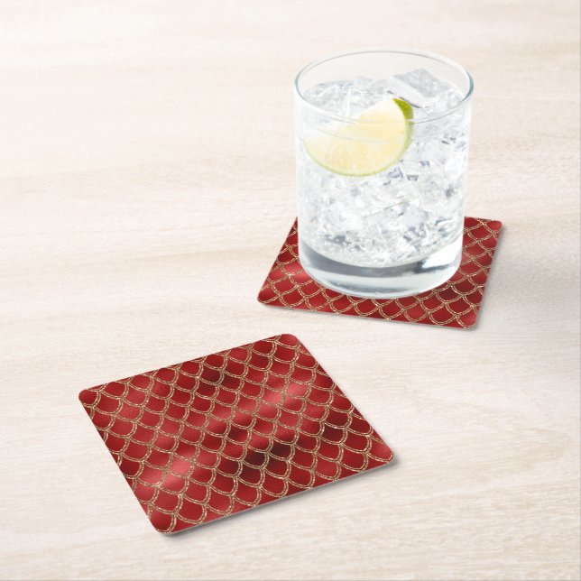Red Snake Serpent Reptile Pattern Square Paper Coaster (Insitu)