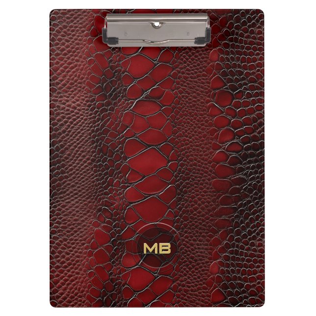 Red Snakeskin Leather Print Embossed Monogram Clipboard (Front)