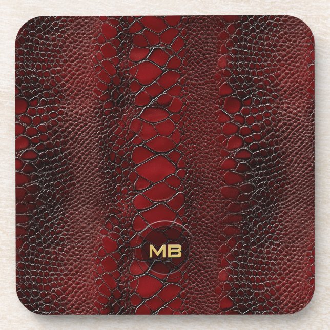 Red Snakeskin Leather Print Embossed Monogram Coaster (Front)