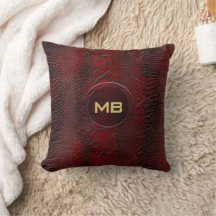 Red Snakeskin Leather Print Embossed Monogram Cushion