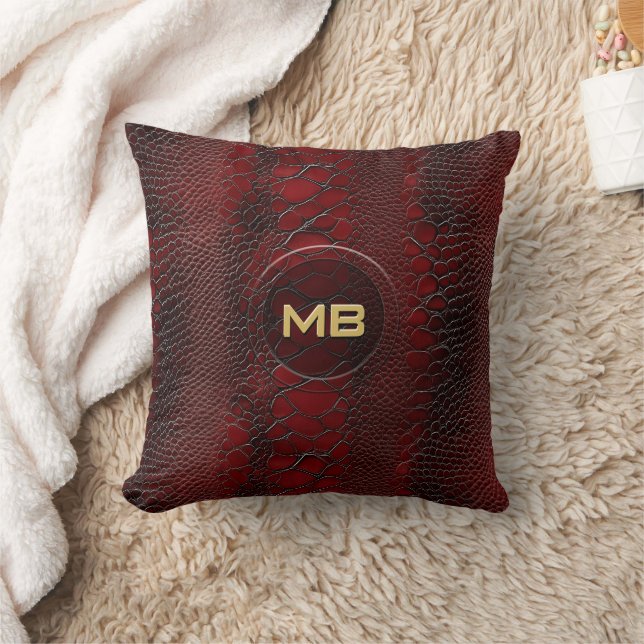 Red Snakeskin Leather Print Embossed Monogram Cushion (Blanket)