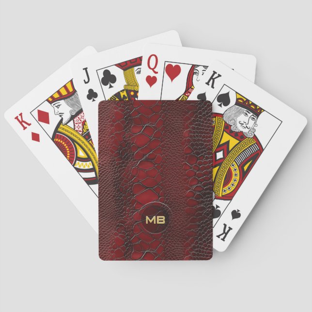 Red Snakeskin Leather Print Embossed Monogram Playing Cards (Back)