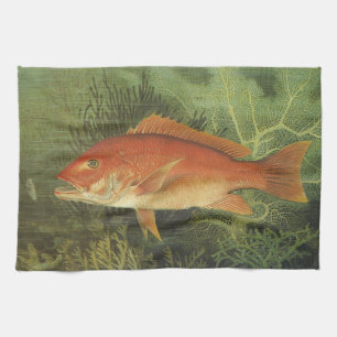 Red Snapper Fish in the Ocean, Vintage Marine Life Tea Towel