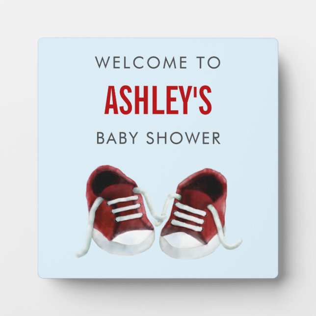 Red Sneakers Baby Shower Welcome Sign Plaque (Front)