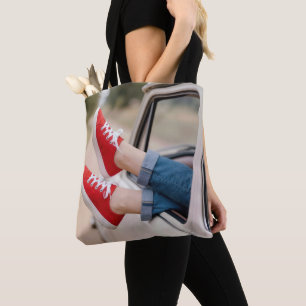 Red Sneakers Hanging Out Retro Truck Window Tote Bag
