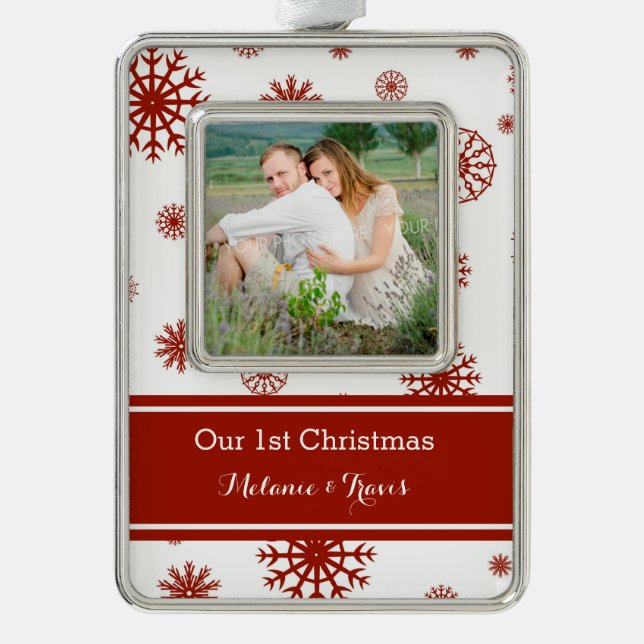 Red Snow Couples First Christmas Ornament (Front)