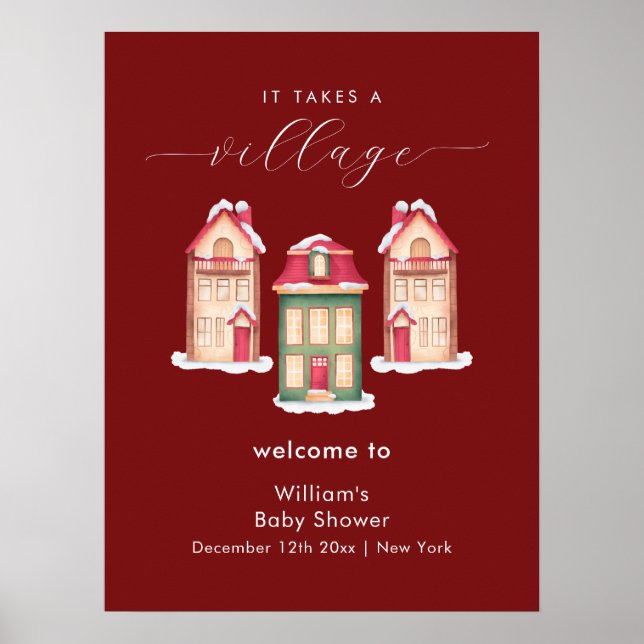 Red Snow Gingerbread Village Baby Shower Welcome Poster (Front)