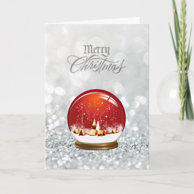 Red Snow Globe Village Merry Christmas Holiday Card (Front)