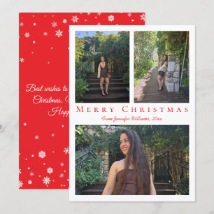 Red Snowflake 3-Photo Collage Merry Christmas Card