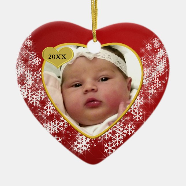 Red Snowflake Baby's 1st Christmas Photo Keepsake Ceramic Ornament (Front)