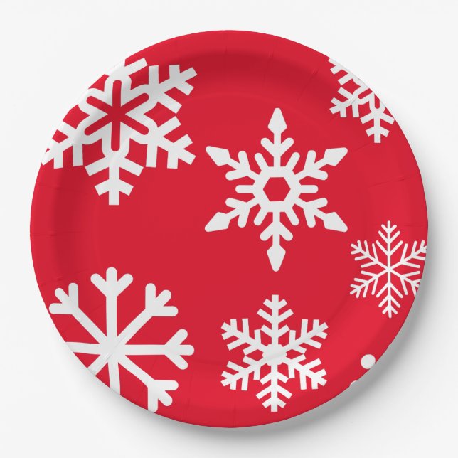 Red Snowflake Christmas Paper Plates (Front)