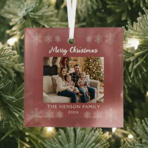 Red Snowflake Family Photo Christmas Glass Tree Decoration