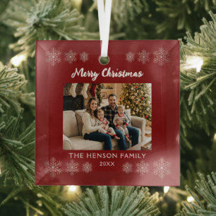 Red Snowflake Family Photo Christmas Glass Tree Decoration