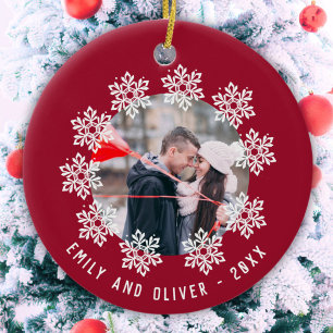 Red Snowflake Frame Couple Keepsake Photo Ceramic Ornament