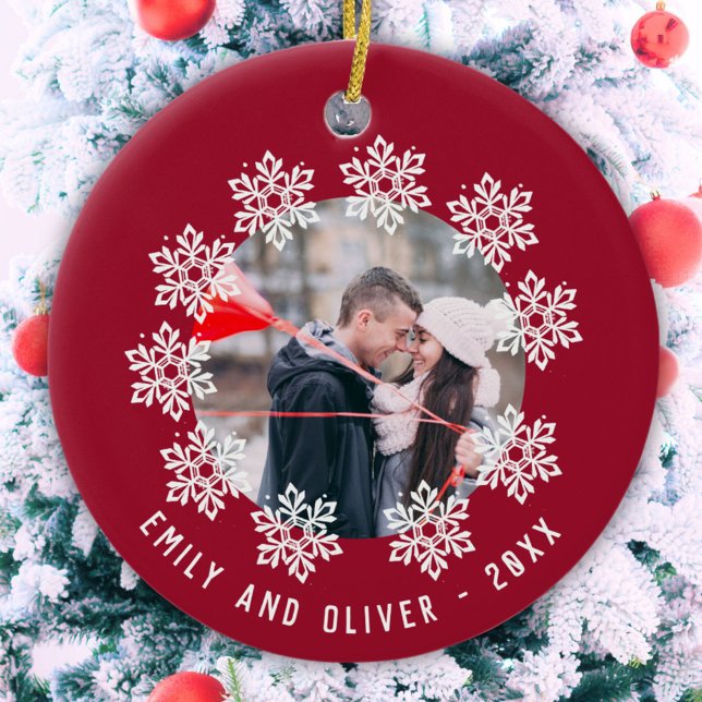 Red Snowflake Frame Couple Keepsake Photo Ceramic Ornament (Creator Uploaded)