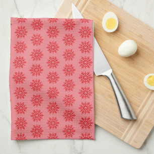 Red Snowflake Heart Scandinavian Pattern Tea Towel