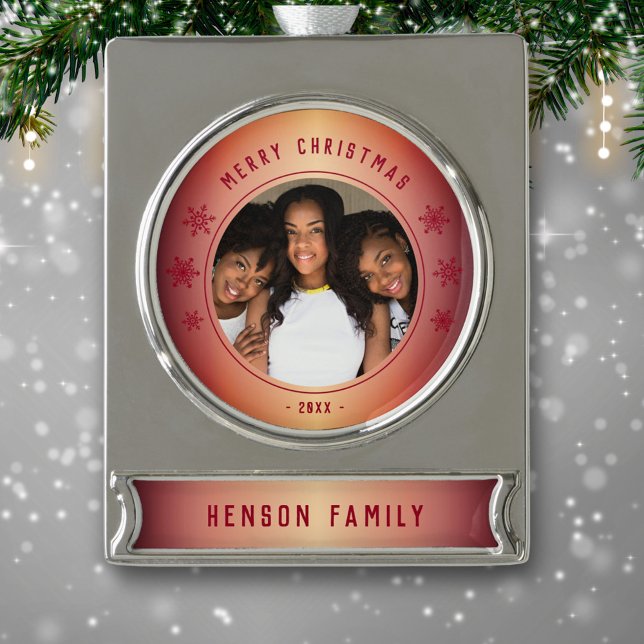 Red Snowflake Metallic Family Photo Christmas Silver Plated Banner Ornament (Creator Uploaded)