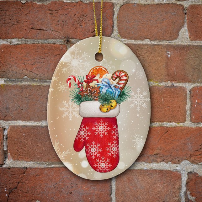 Red Snowflake Mittens with Christmas Goodies Ceramic Ornament (Creator Uploaded)