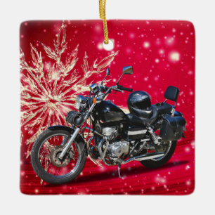 Red Snowflake Motorcycle and Helmet Christmas Ceramic Ornament