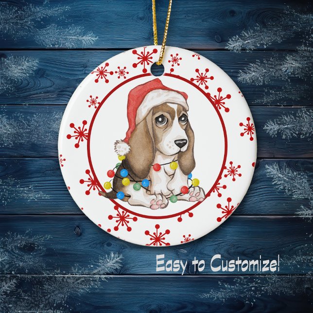 Red Snowflake Naughty Beagle Pup Holiday Ceramic Ornament (Creator Uploaded)