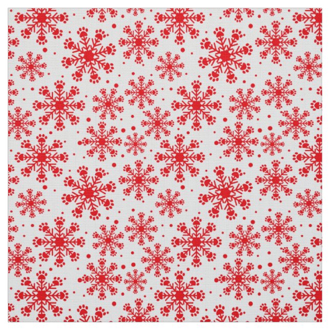 Red Snowflake on white with paw print pattern Fabric (Swatch)